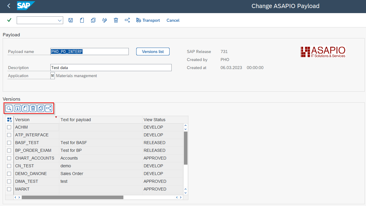Payload Designer version screen toolbar buttons