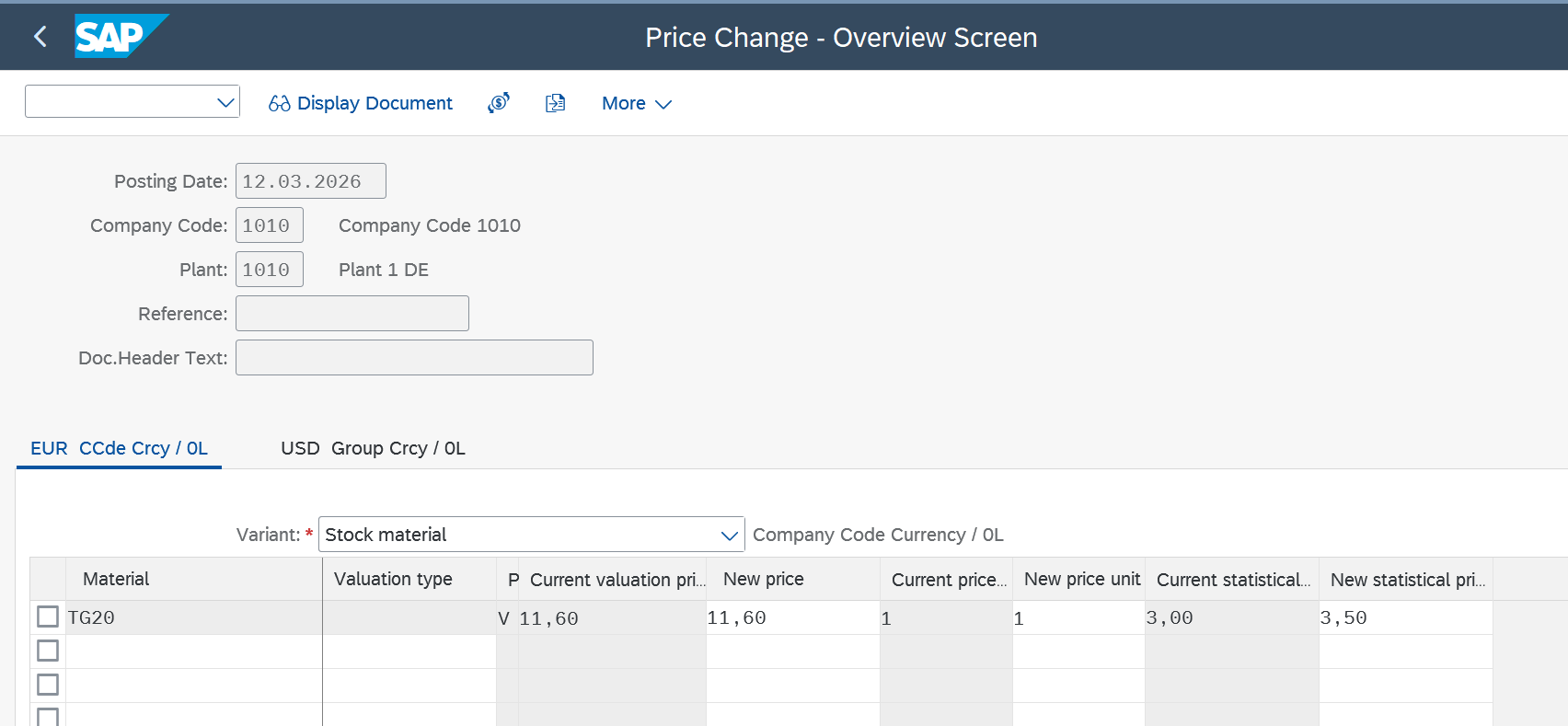 Updating the price for material TG20 in SAP using transaction MR21