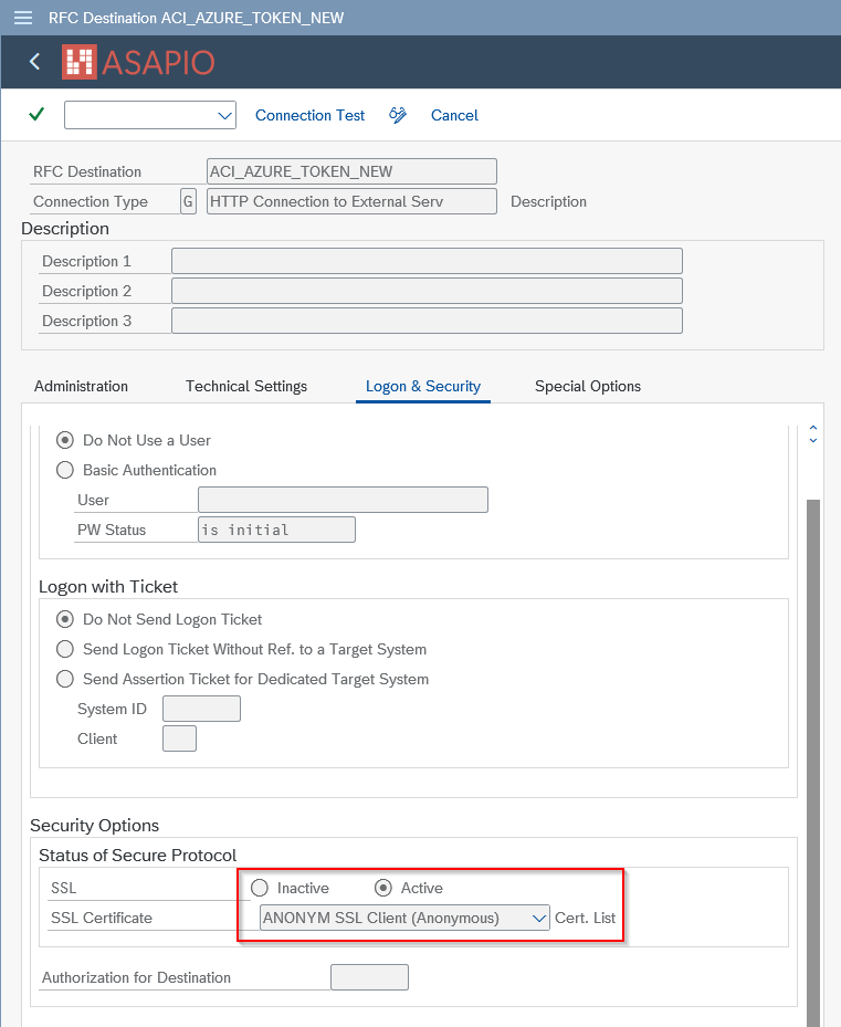 RFC destination SSL settings for Azure