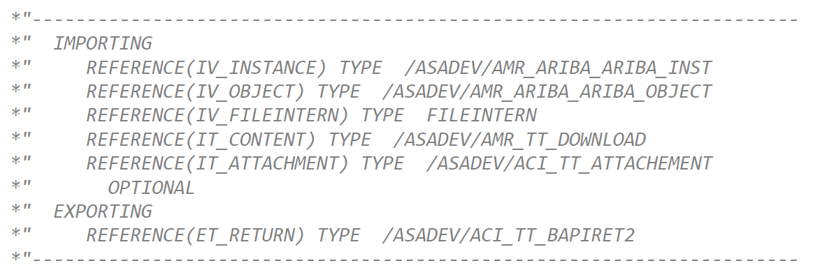 Example function module interface for custom inbound processing, with importing parameter IT_CONTENT