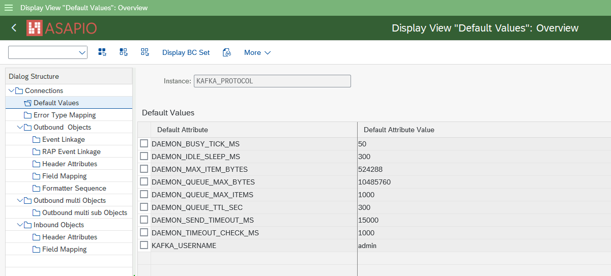 Default Values for the KAFKA_PROTOCOL instance showing the daemon parameters and KAFKA_USERNAME
