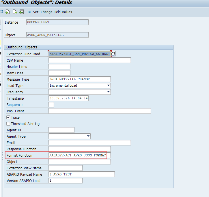 Outbound Objects details for AVRO_JSON_MATERIAL — Extraction Func. Mod. /ASADEV/ACI_GEN_PDVIEW_EXTRACT and Format Function /ASADEV/ACI_AVRO_JSON_FORMAT