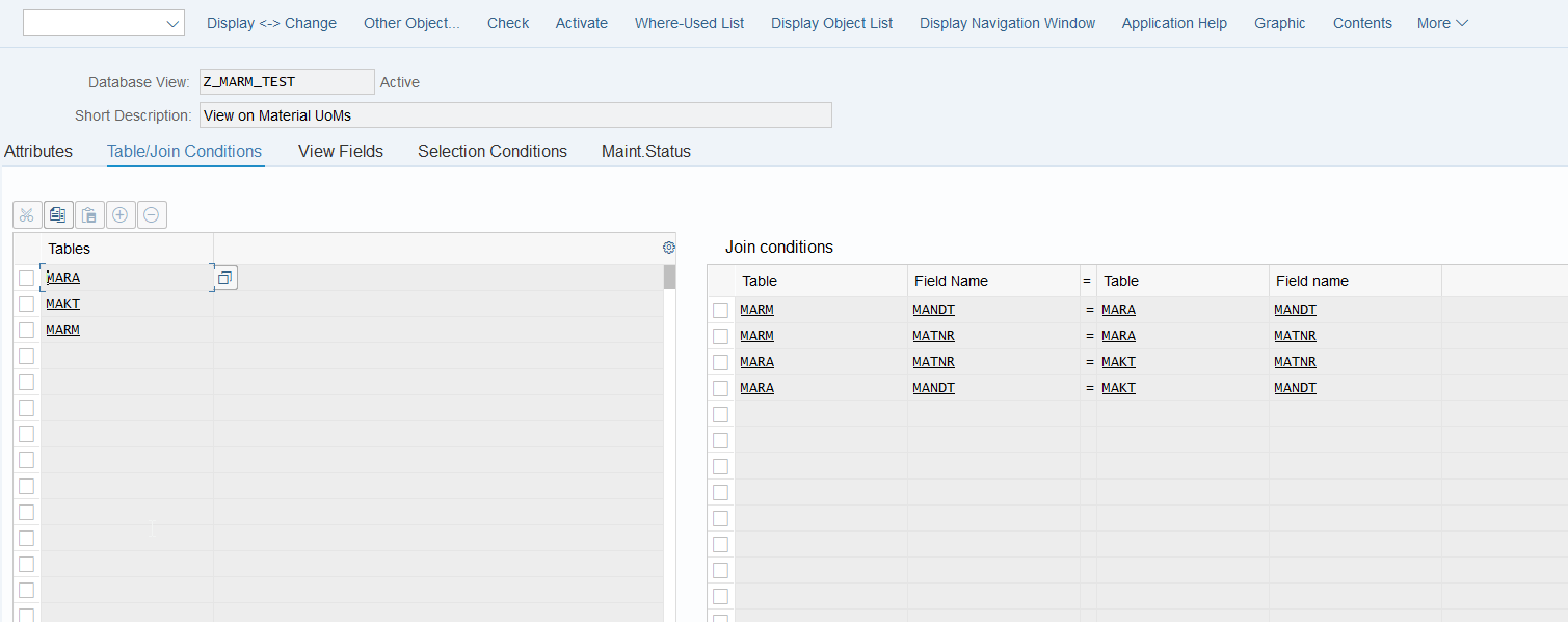 SE11 database view definition for the material master example