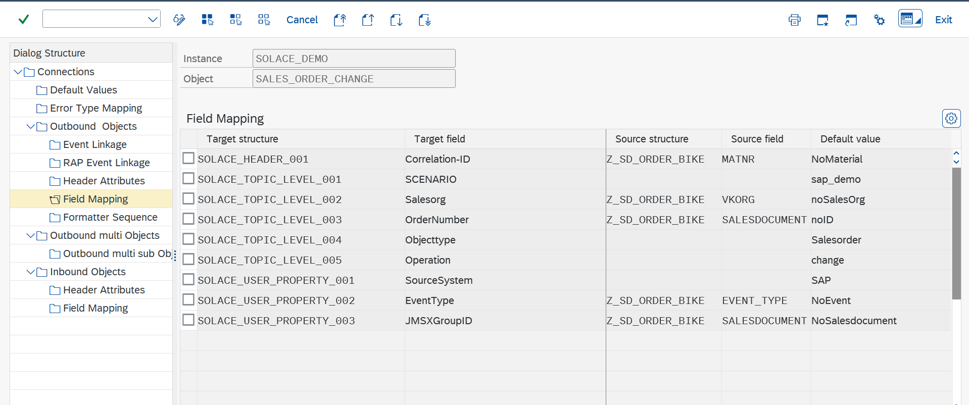 Field mapping with Solace header, topic level and user property entries