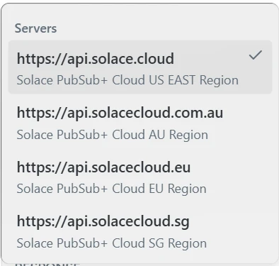 Solace Cloud regional REST API endpoints (Home Cloud API endpoint) shown when choosing the Target Host
