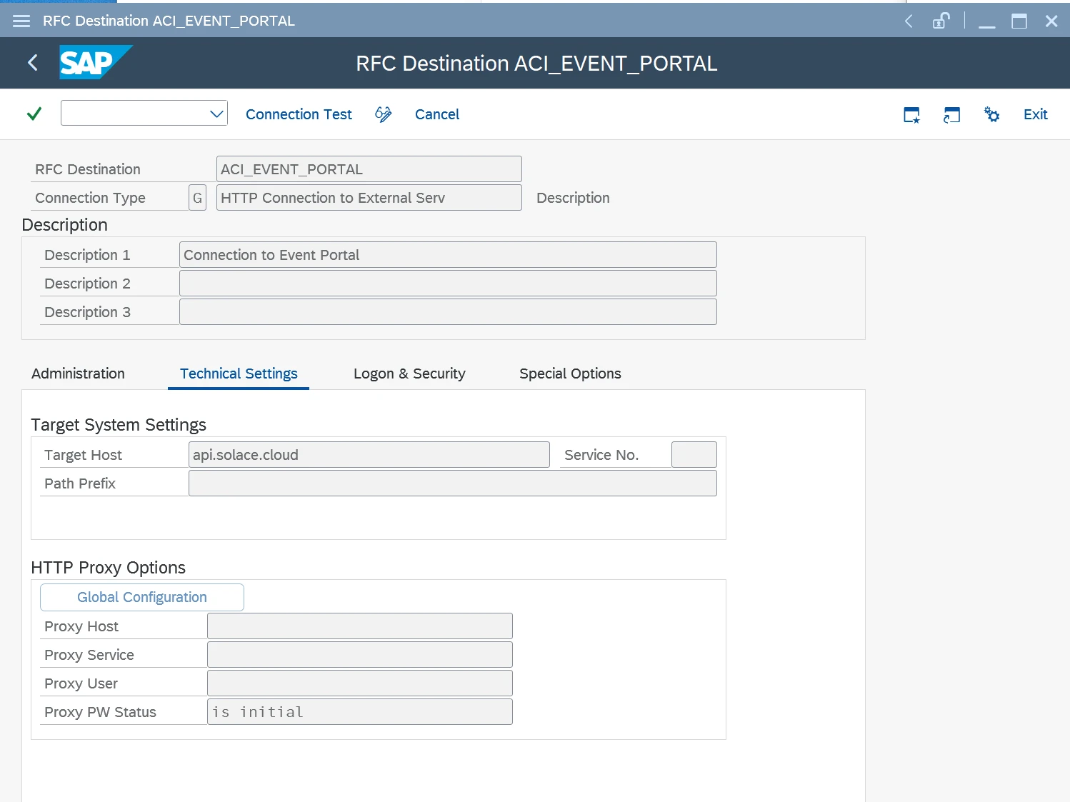 SM59 RFC Destination ACI_EVENT_PORTAL configured as HTTP Connection to External Server with Target Host api.solace.cloud