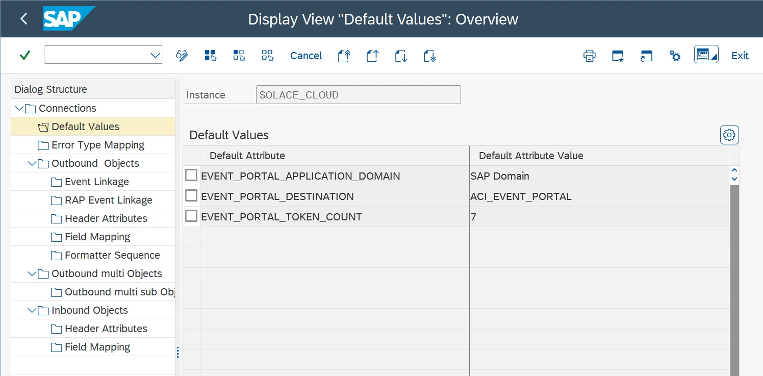 Default Values overview showing EVENT_PORTAL_APPLICATION_DOMAIN, EVENT_PORTAL_DESTINATION, and EVENT_PORTAL_TOKEN_COUNT for the SOLACE_CLOUD instance
