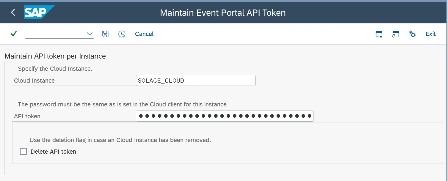 Maintain Event Portal API Token screen for Cloud Instance SOLACE_CLOUD in transaction /ASADEV/SCI_TPW_EP