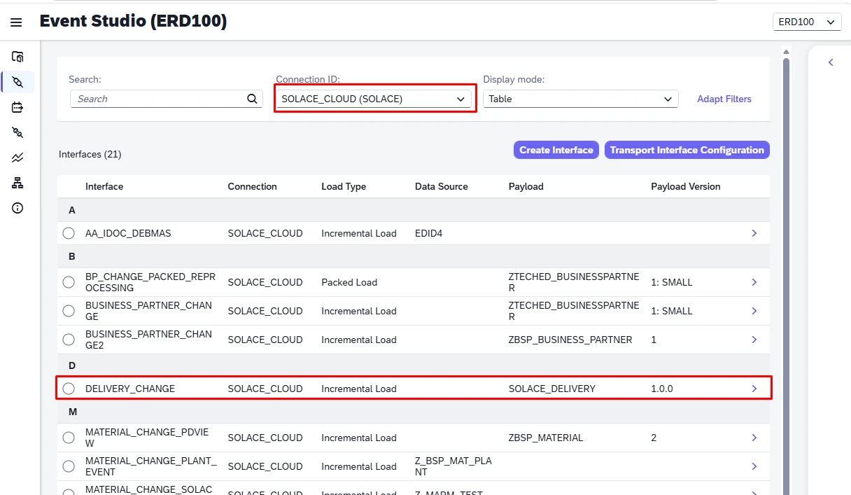 Event Studio Interfaces list filtered by Connection ID SOLACE_CLOUD, showing the DELIVERY_CHANGE interface