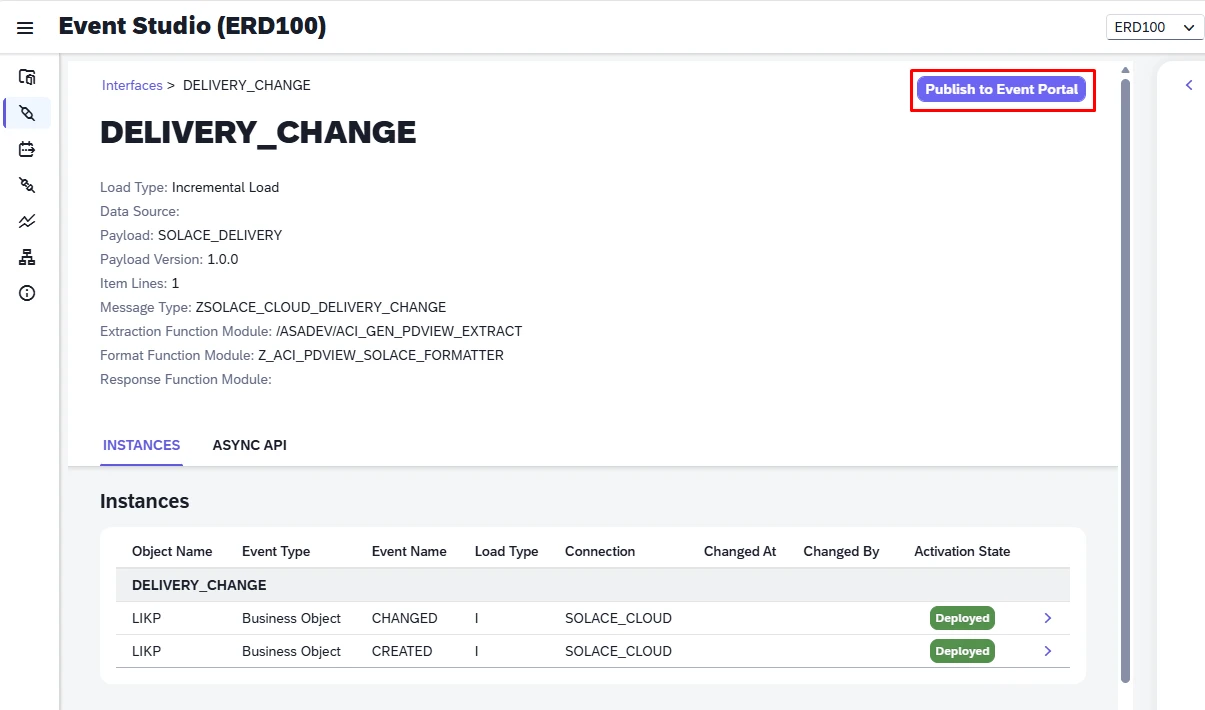 Event Studio Interface detail for DELIVERY_CHANGE with the Publish to Event Portal button highlighted top right