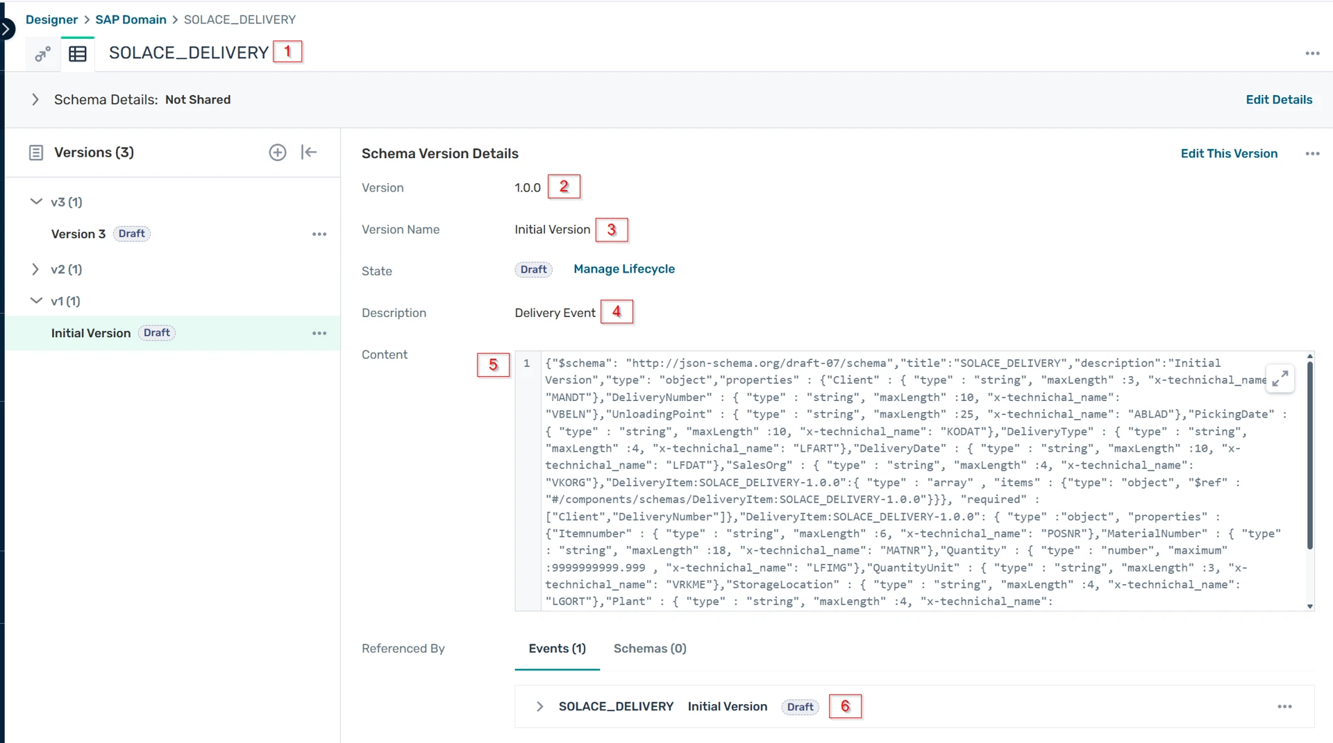 Event Portal Schema Version Details for SOLACE_DELIVERY, version 1.0.0, Initial Version, Draft state, with JSON schema content