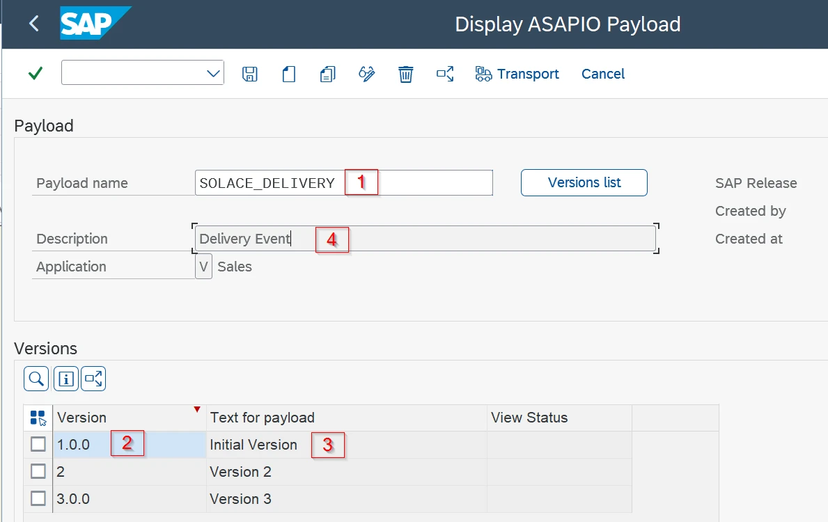 ASAPIO Payload screen for SOLACE_DELIVERY with Description Delivery Event and Version 1.0.0 Initial Version highlighted