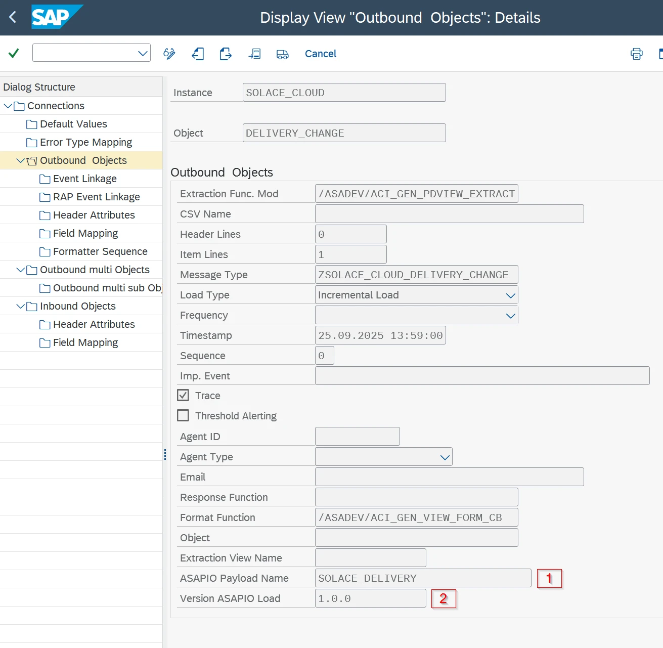 SAP ASAPIO Outbound Object DELI_SOLACE_DELIVERY with Extraction View Name and Version ASADEV Payload highlighted
