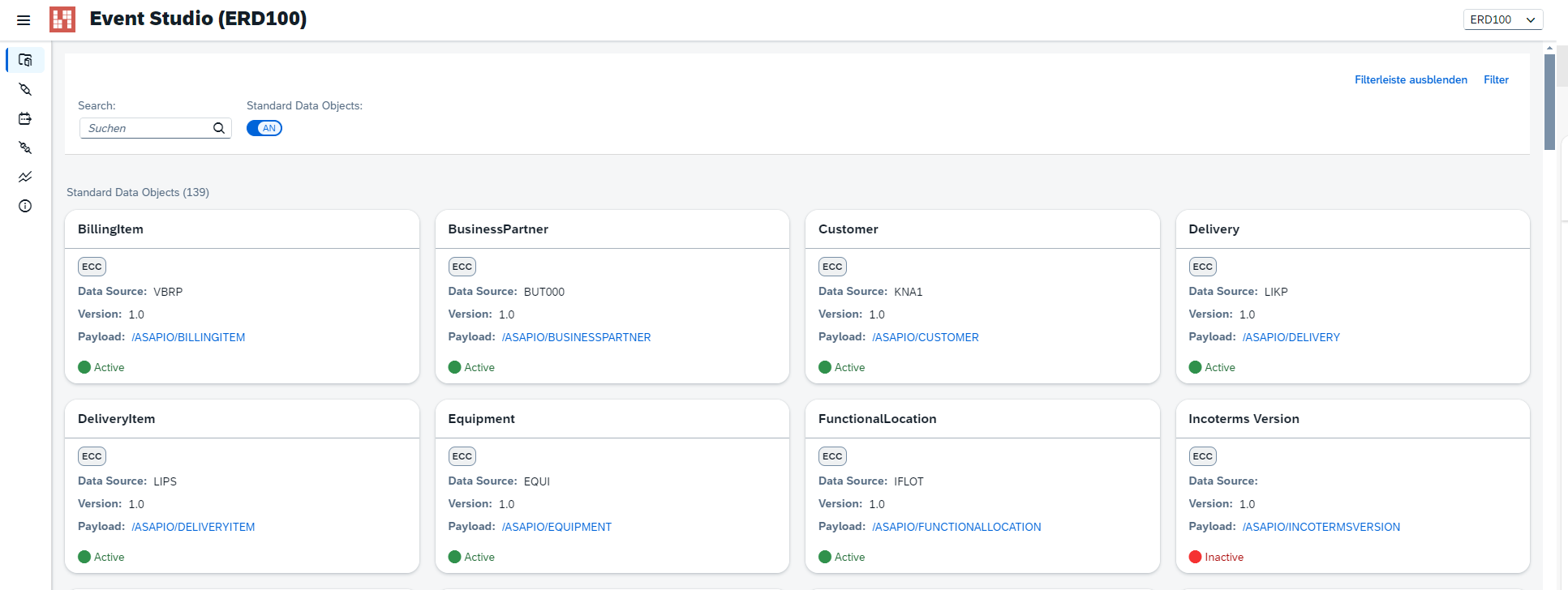 Event Studio — Data Catalog listing standard data objects