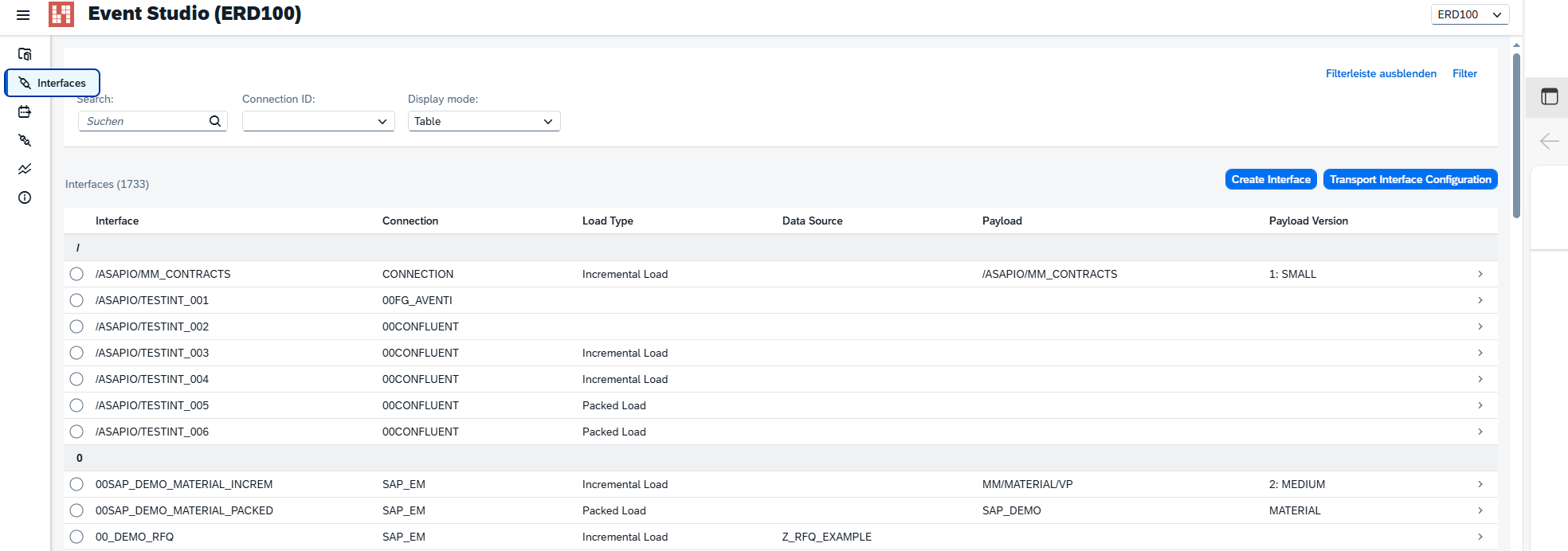 Event Studio — Interfaces table view