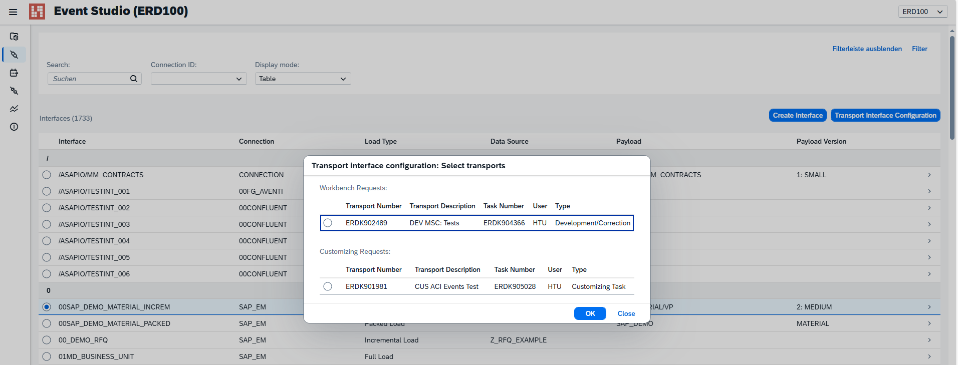 Event Studio — Transport Interface Configuration dialog