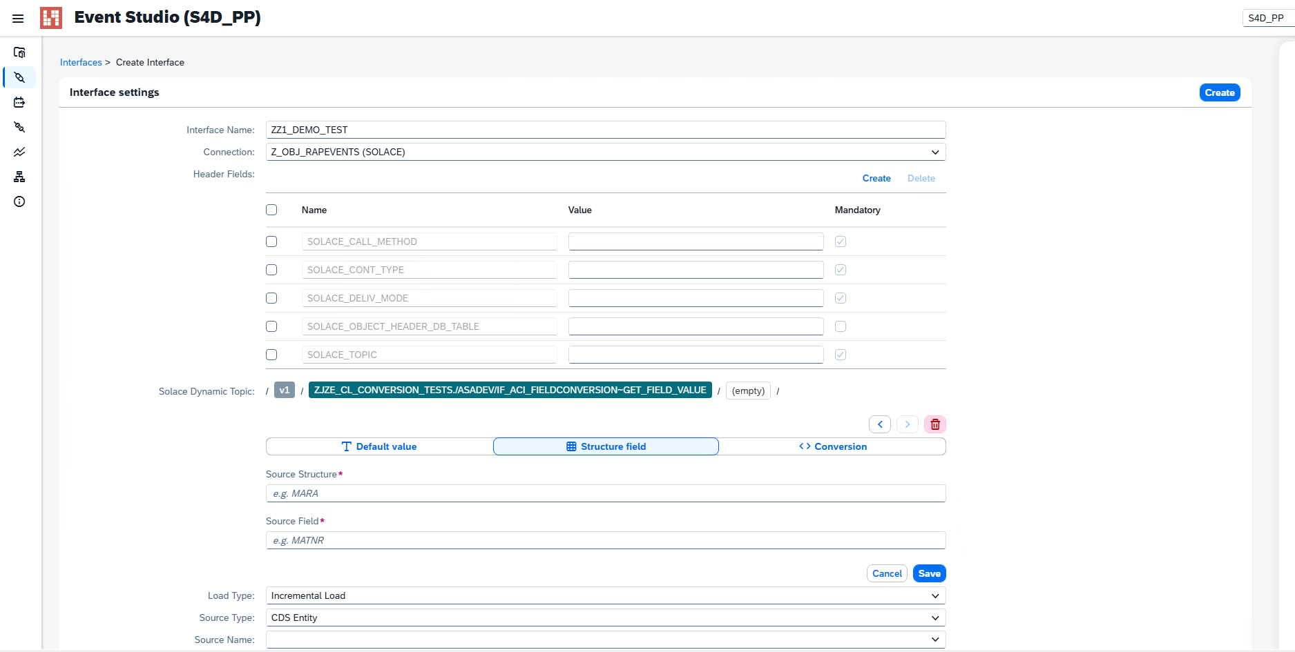Event Studio — Create Interface screen showing the Solace Dynamic Topic segment editor, with a Structure field segment being configured