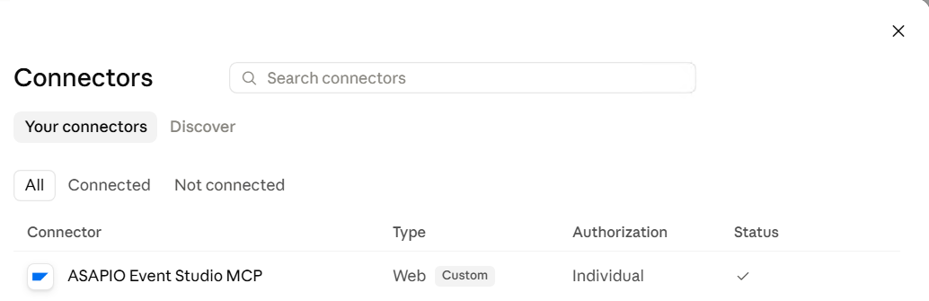Claude Desktop Connectors screen showing ASAPIO Event Studio MCP connected, Type Web/Custom, Authorization Individual