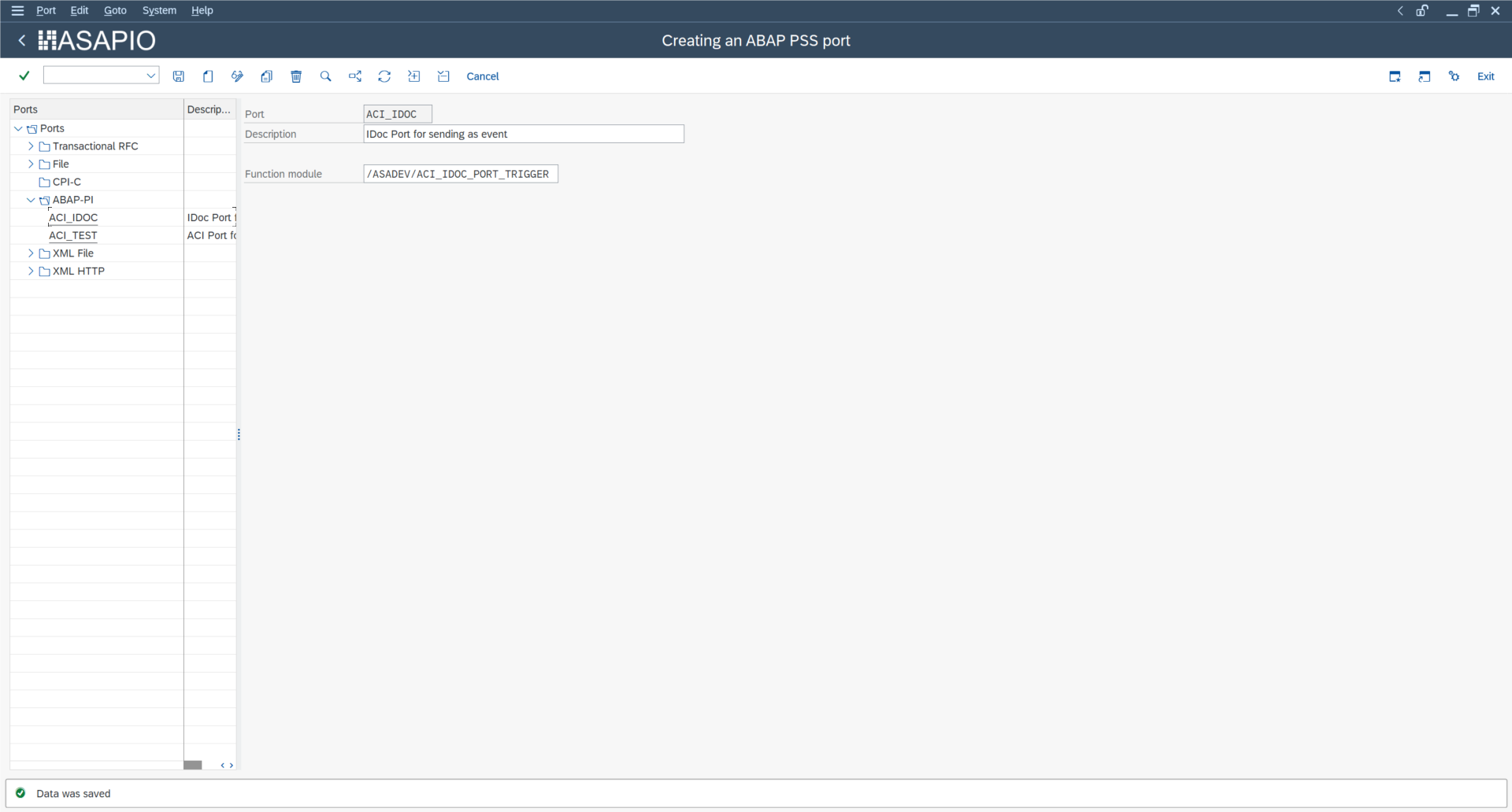 WE21 IDoc port configuration with the ACI_IDOC_PORT_TRIGGER function module