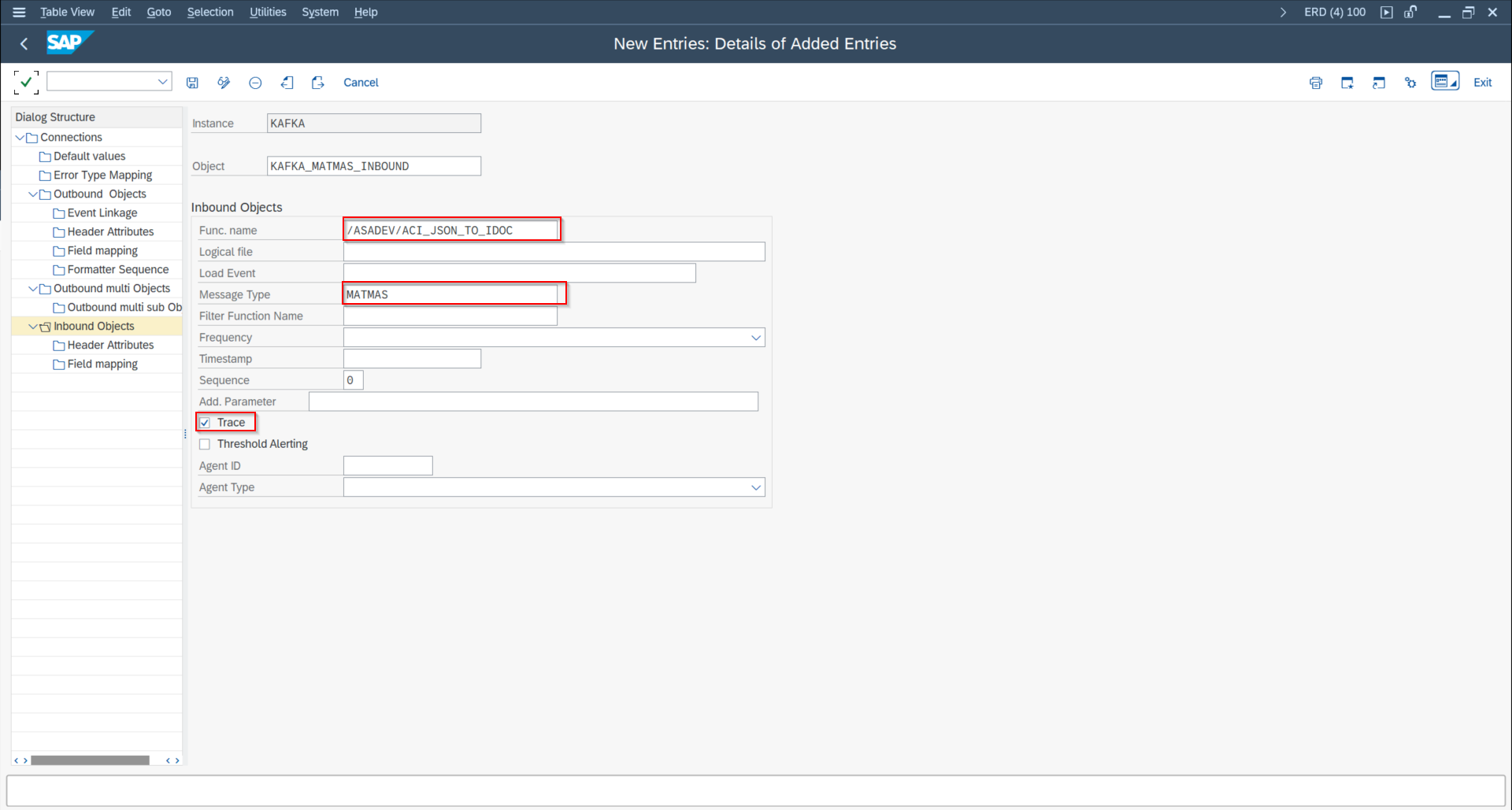 Inbound object configuration for message type MATMAS using the JSON to IDoc extractor