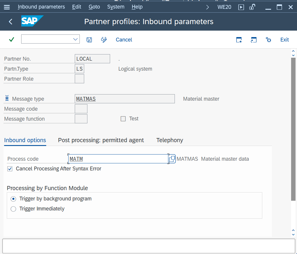 WE20 inbound partner profile for message type MATMAS with process code MATM