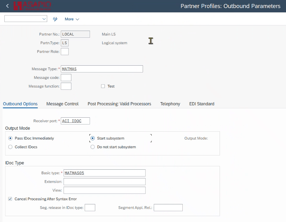 WE20 partner profile outbound parameters for message type MATMAS