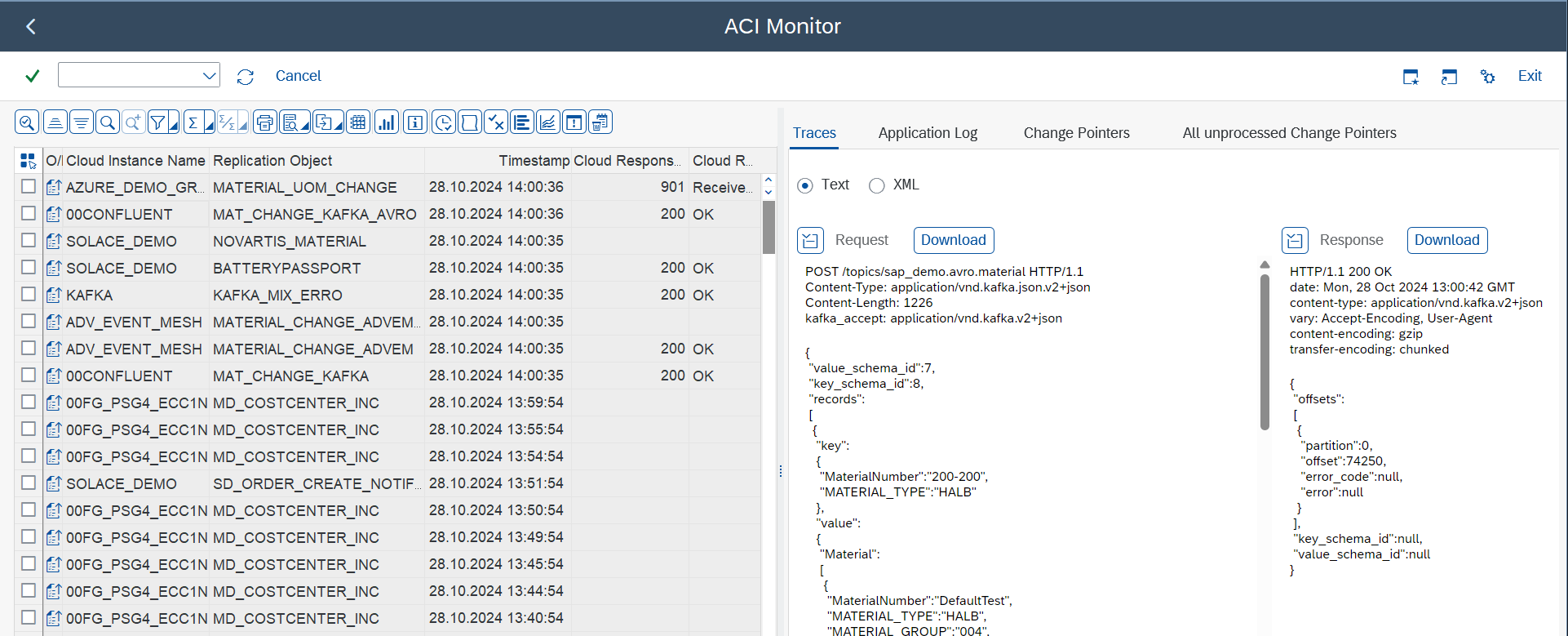 ASAPIO monitor — vertical layout with message list and trace
