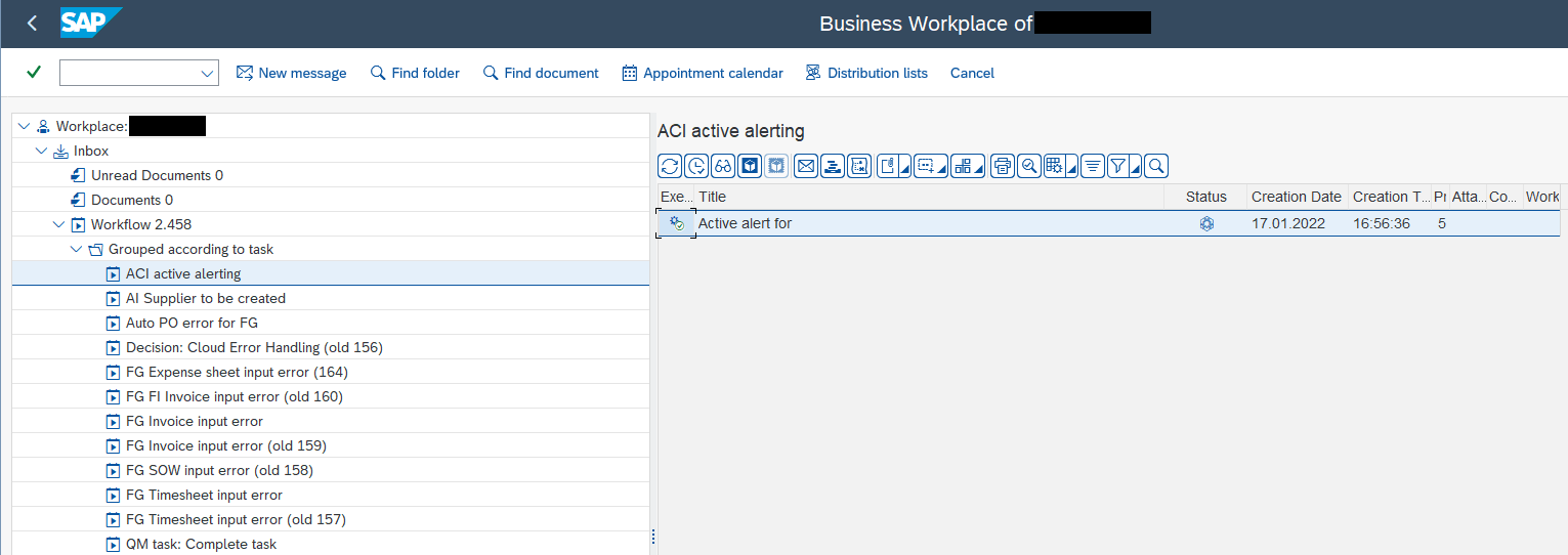 Business Workplace inbox — Active Alerting workflow notification