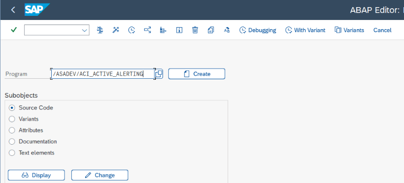 /ASADEV/ACI_ACTIVE_ALERTING report selection screen