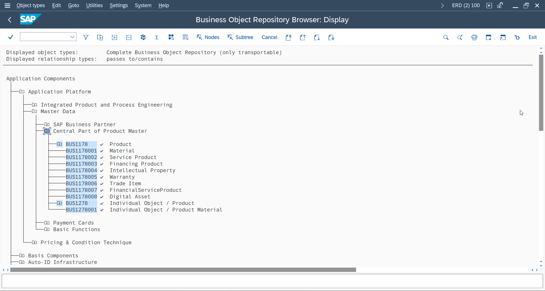 SWO3 Business Object Browser showing available SAP Business Objects