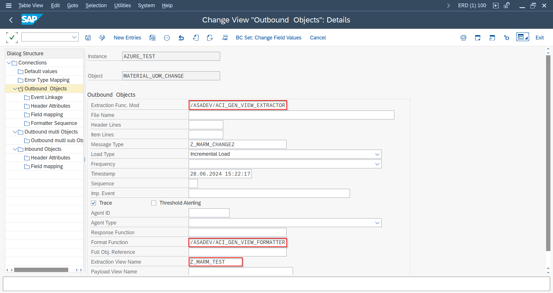 Outbound Object configured with the generic view extractor and formatter