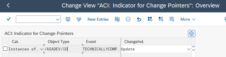 SM30 table ACI_CP_I mapping event names to change indicators I U D