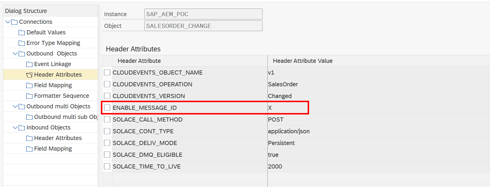 Header Attributes ENABLE_MESSAGE_ID configuration on the outbound object