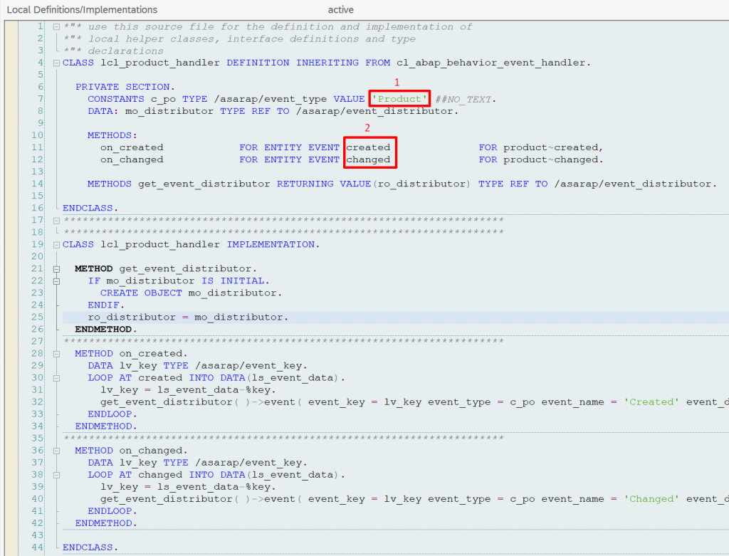 RAP event handler class showing object name and event name constants