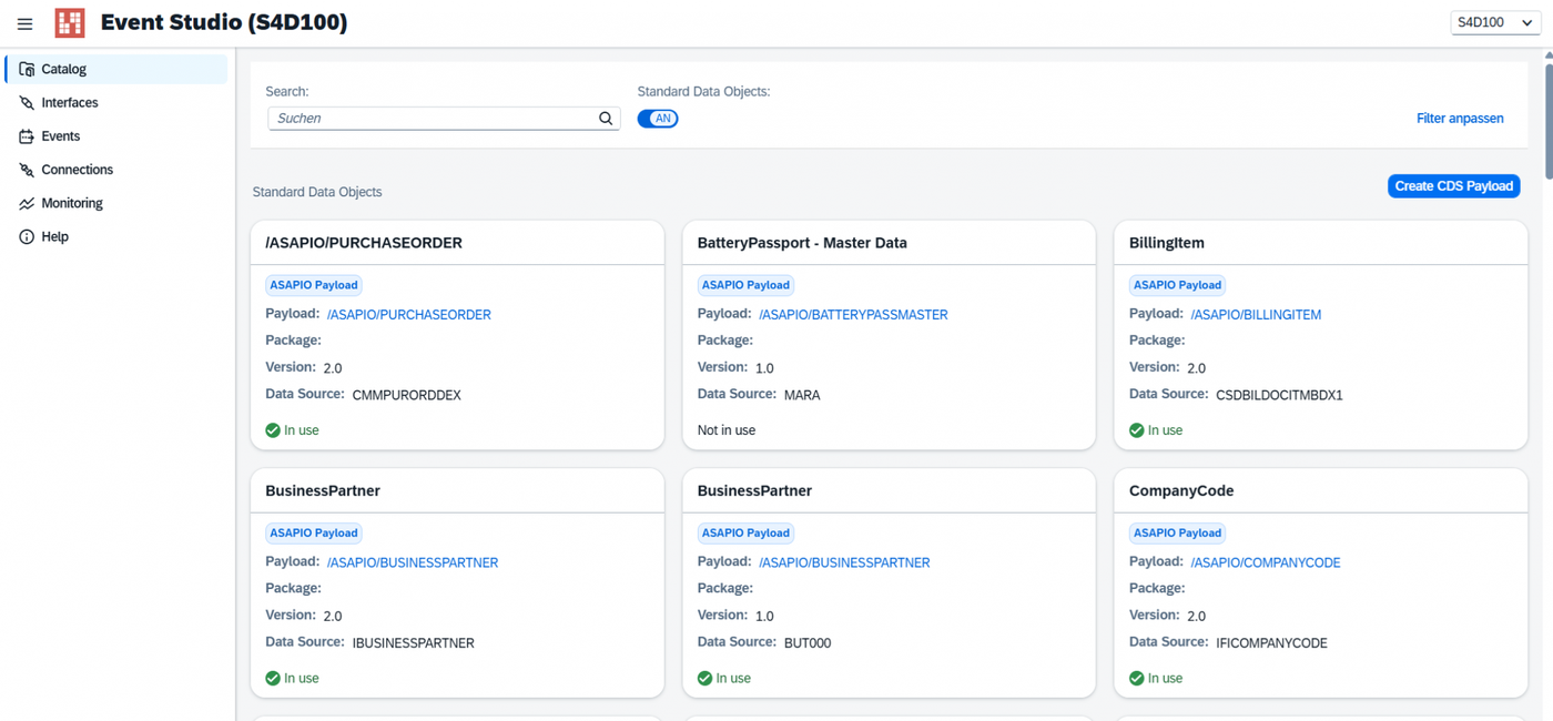 ASAPIO Event Studio catalog showing SAP objects like BusinessPartner, BillingItem and CompanyCode, each marked In use