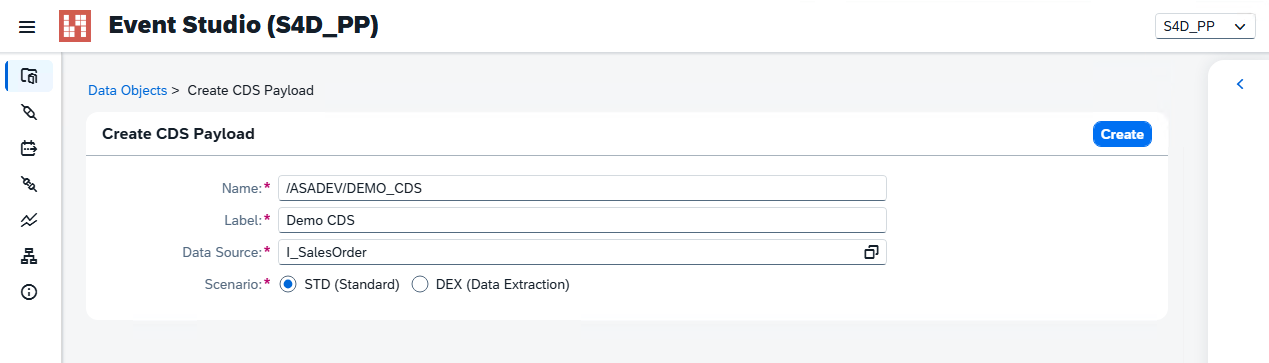 Event Studio screenshot: Create CDS Payload with an editable namespace field