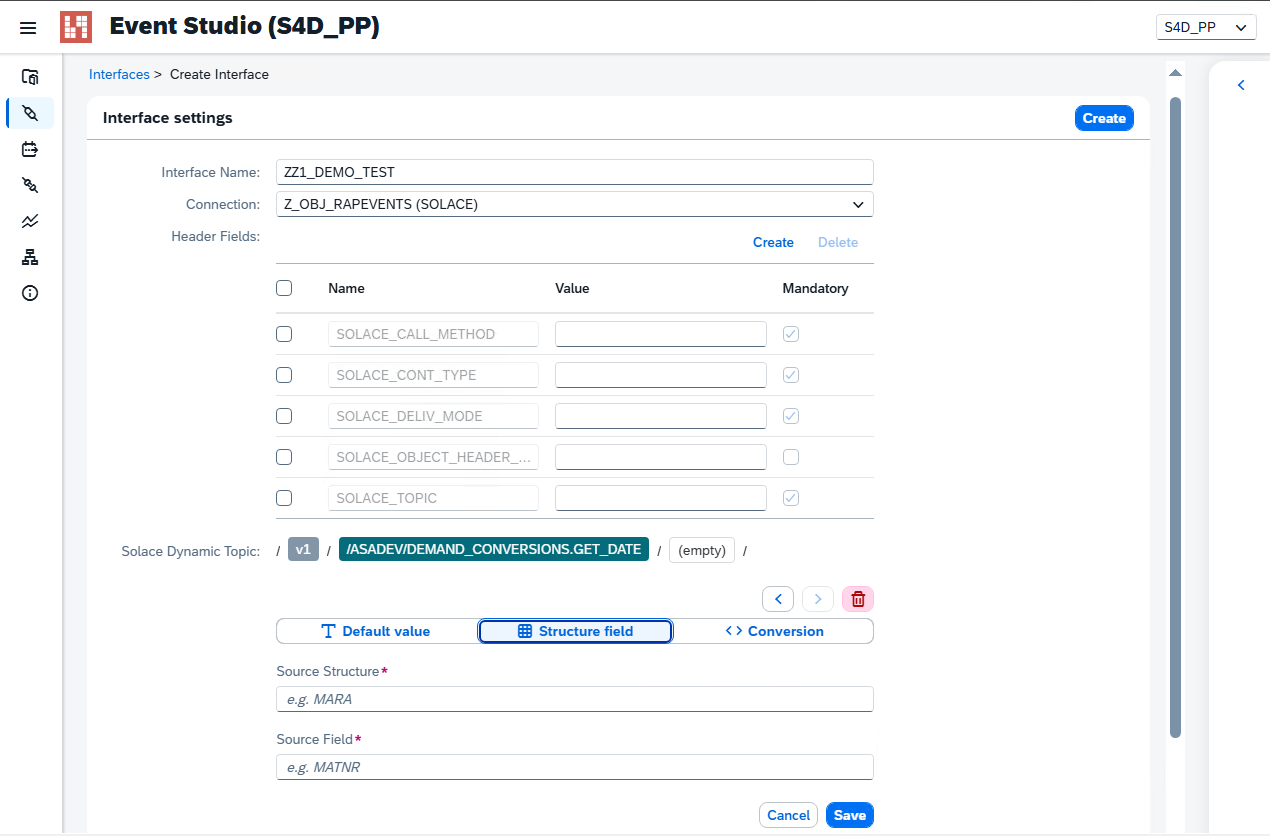 Event Studio screenshot: Solace Dynamic Topic configuration
