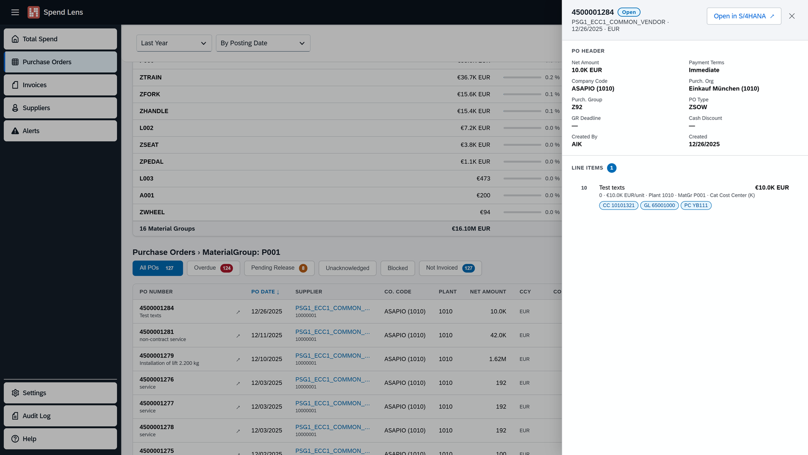 Purchase order detail with deep link to S/4HANA
